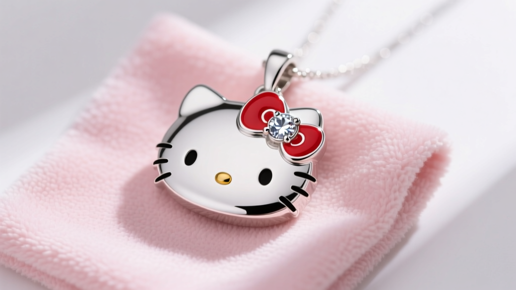 Sterling silver Hello Kitty pendant with red enamel bow and CZ accents resting on a soft pink microfiber cloth, top-down view.