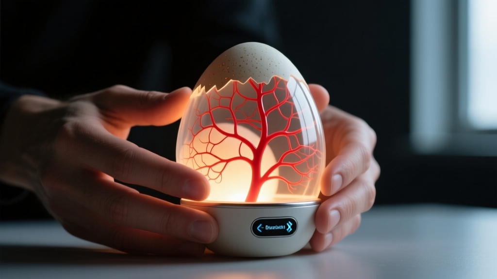 Hands holding a Bluetooth LED egg candler against a fertilized chicken egg revealing red vascular webbing in dark room