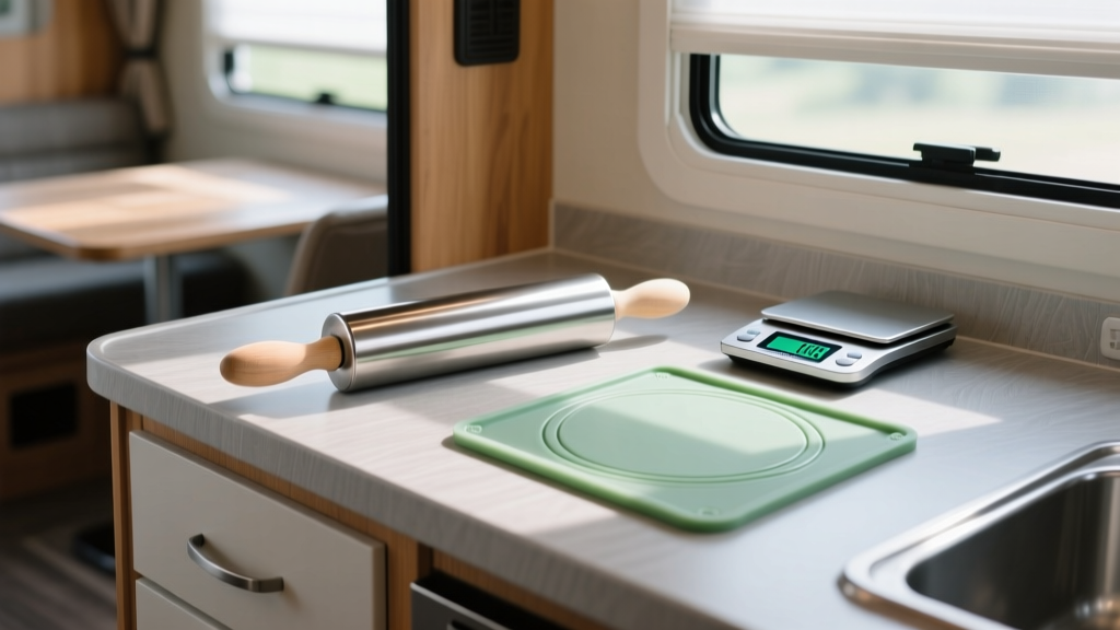 Compact stainless steel rolling pin resting on a fold-out RV kitchen counter next to a small silicone pastry mat and digital scale