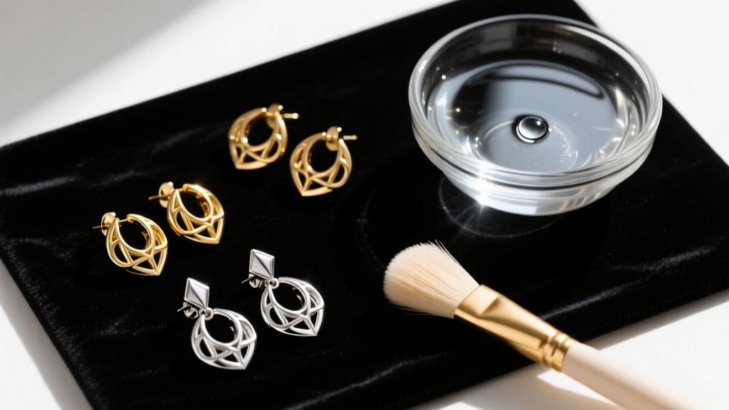 Overhead flat lay of gold and silver earrings on a dark velvet mat next to a glass bowl of cleaning solution and a soft brush.
