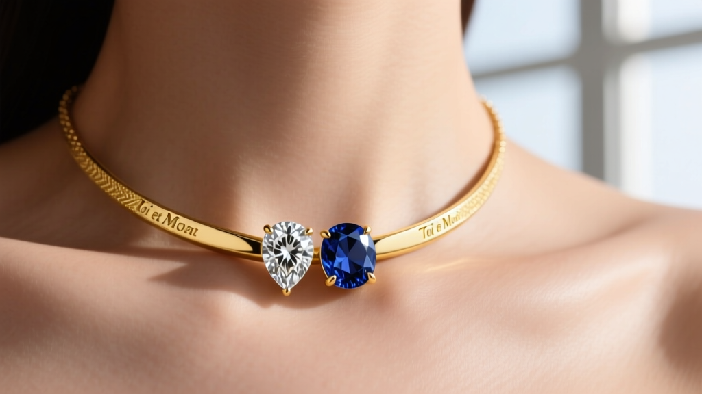 Close-up of a 14k yellow gold Toi et Moi two stone necklace with a pear diamond and sapphire resting softly on a bare collarbone.