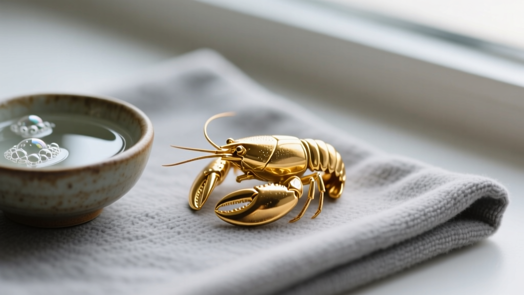 Macro shot of a polished 14k gold lobster clasp resting on a grey microfiber cloth beside a small ceramic bowl of soapy water.