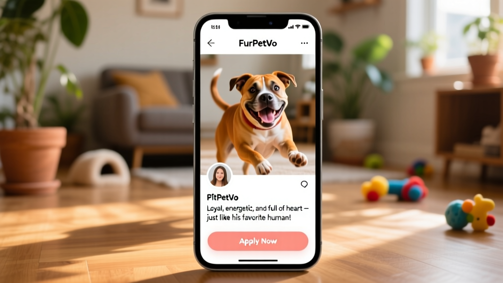 Screenshot of a FurPetVo profile page showing a happy Pit Bull photo, bio section, and 'Apply Now' button