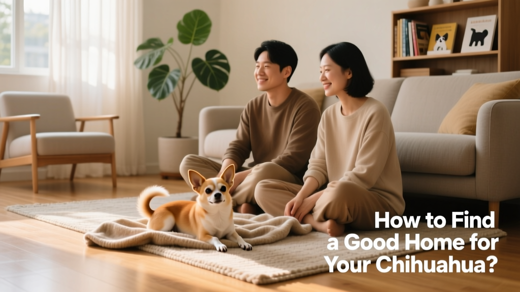 Two people sitting calmly on a living room floor with a Chihuahua between them, smiling and relaxed
