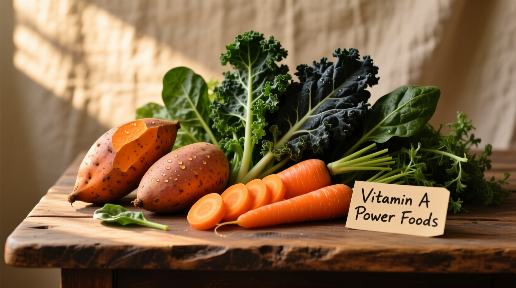 Colorful vitamin A rich foods including sweet potatoes carrots and leafy greens