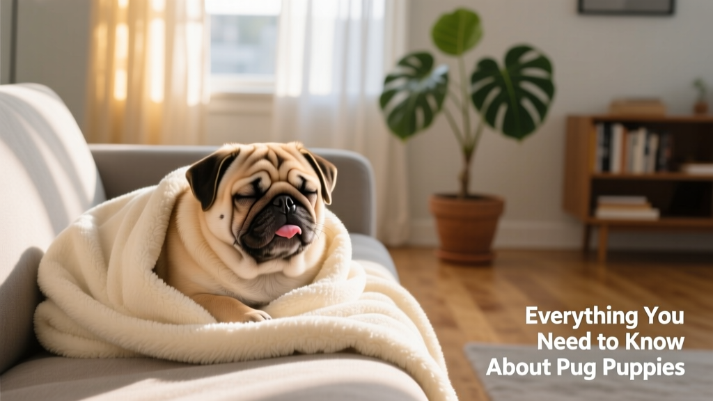 A Pug puppy nestled in a soft blanket on a sofa, eyes half-closed in contented rest