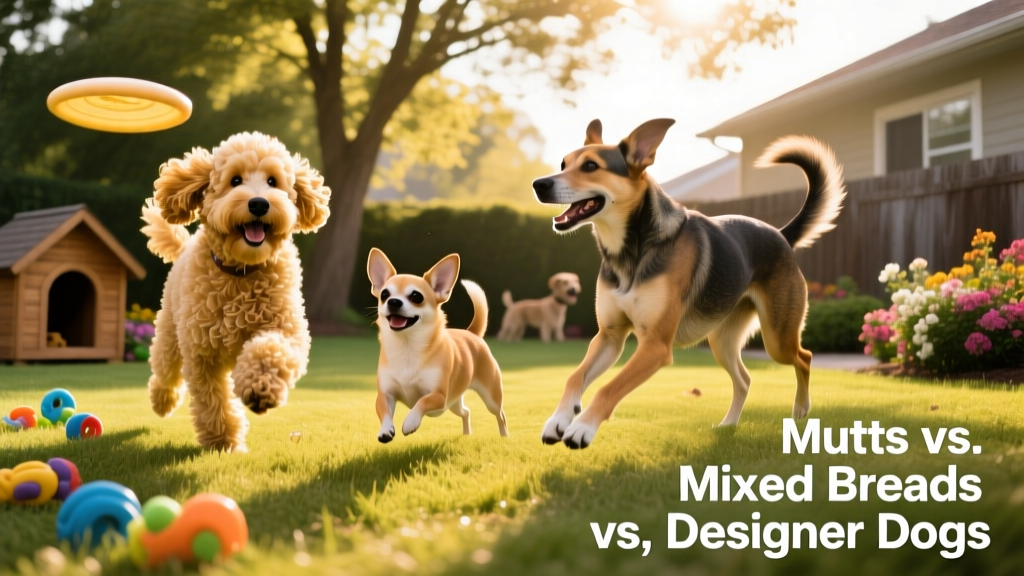 A diverse group of healthy, happy dogs—including a fluffy Goldendoodle, a compact Chug, and a lean mixed-breed—playing together in a sunlit backyard