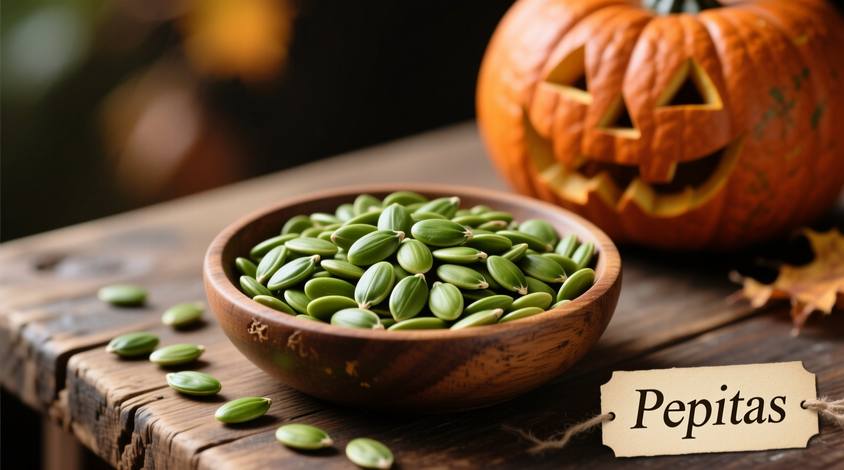 Green pepita seeds in wooden bowl with pumpkin