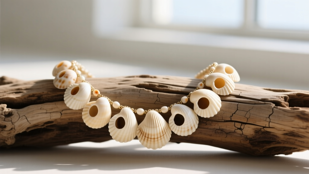 Macro shot of an authentic puka shell necklace on driftwood, highlighting natural asymmetrical holes and creamy tones.