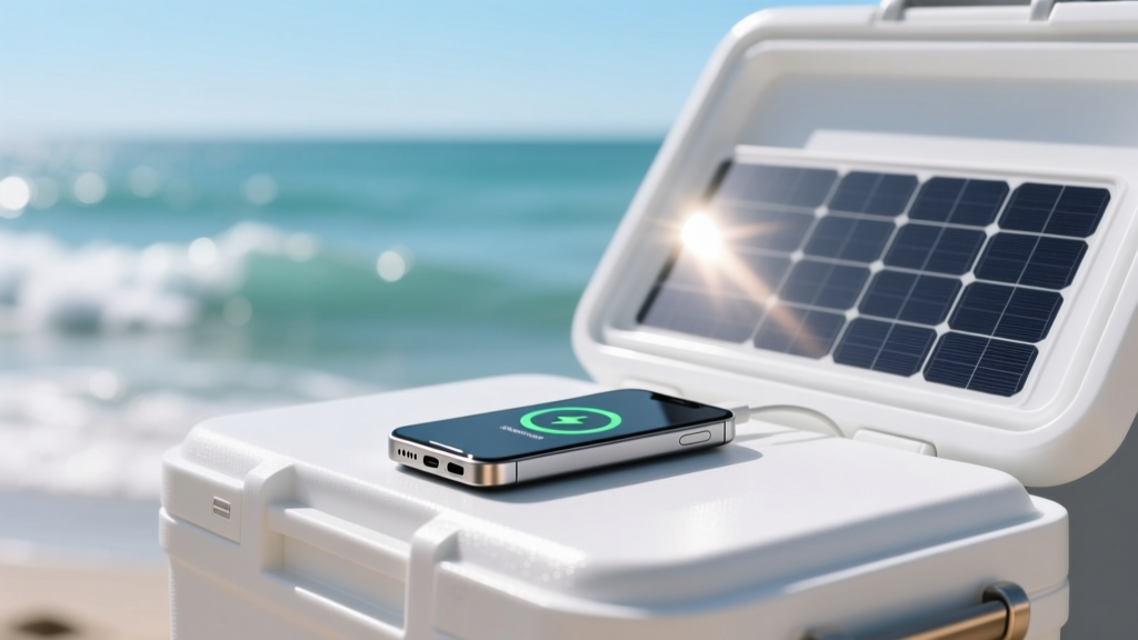 Portable solar charger propped against a white cooler, charging a phone while waves crash softly in a bright blurred background.