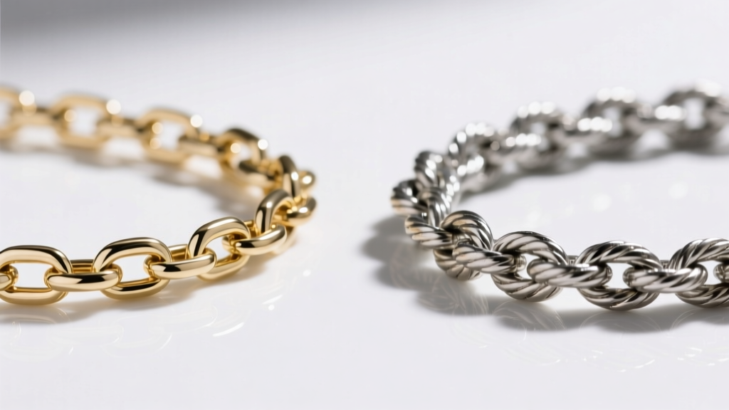 Extreme close-up comparing a delicate 14k white gold box chain and a durable platinum rope chain under bright studio lighting