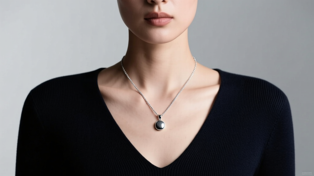 Model in dark V-neck sweater wearing 18-inch sterling silver pendant necklace, showing exact negative space and collarbone fit