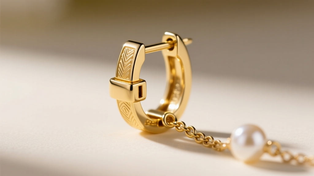 Extreme close-up of 18k gold leverback clasp mechanism securely closed on a bridal drop earring, sharp focus on metal hinge.