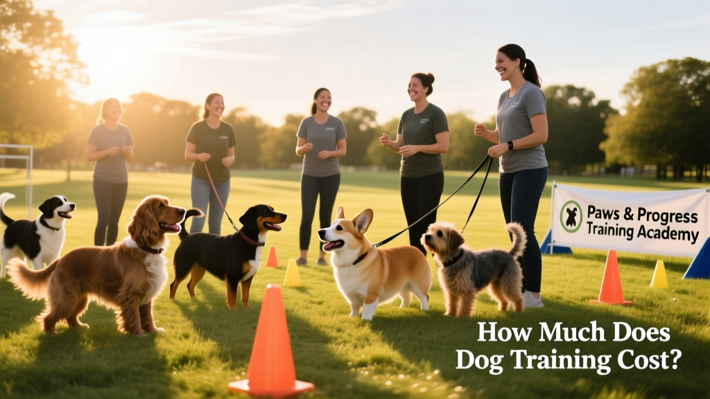 A group of dogs and their owners participating in an upbeat, well-organized group training class outdoors