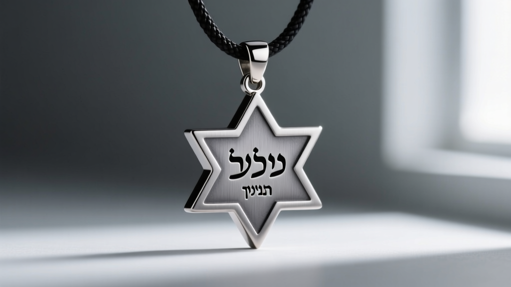 Macro shot of brushed titanium Star of David pendant on a black cord, showing matte grey finish and laser-engraved Hebrew text.