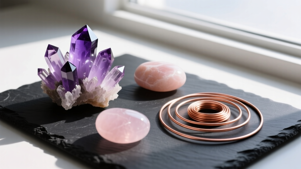 Overhead flat lay of raw amethyst clusters, smooth rose quartz pebbles, and coils of copper wire on a dark slate workspace
