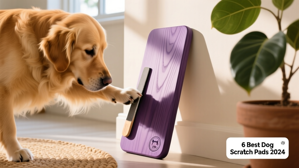 A dog gently scratching on a purple wooden nail file board placed at a slight angle against a wall