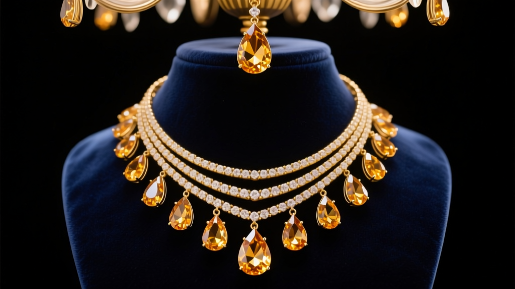 Gold chandelier necklace with cascading pear-cut citrine drops on a dark velvet bust under warm studio lighting, front angle.