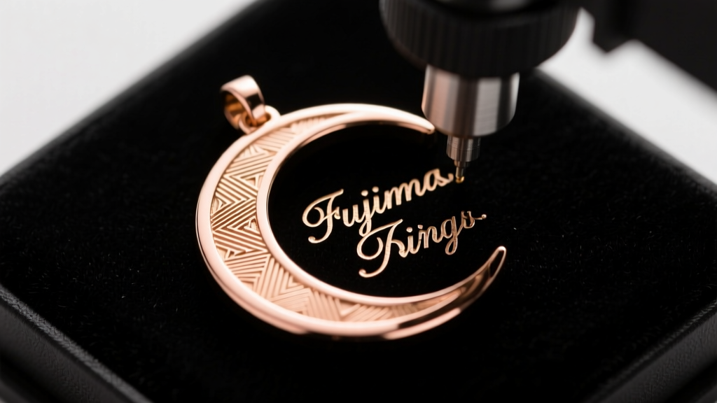 Laser engraving machine etching custom text onto the back of a polished rose gold moon pendant under high contrast studio light