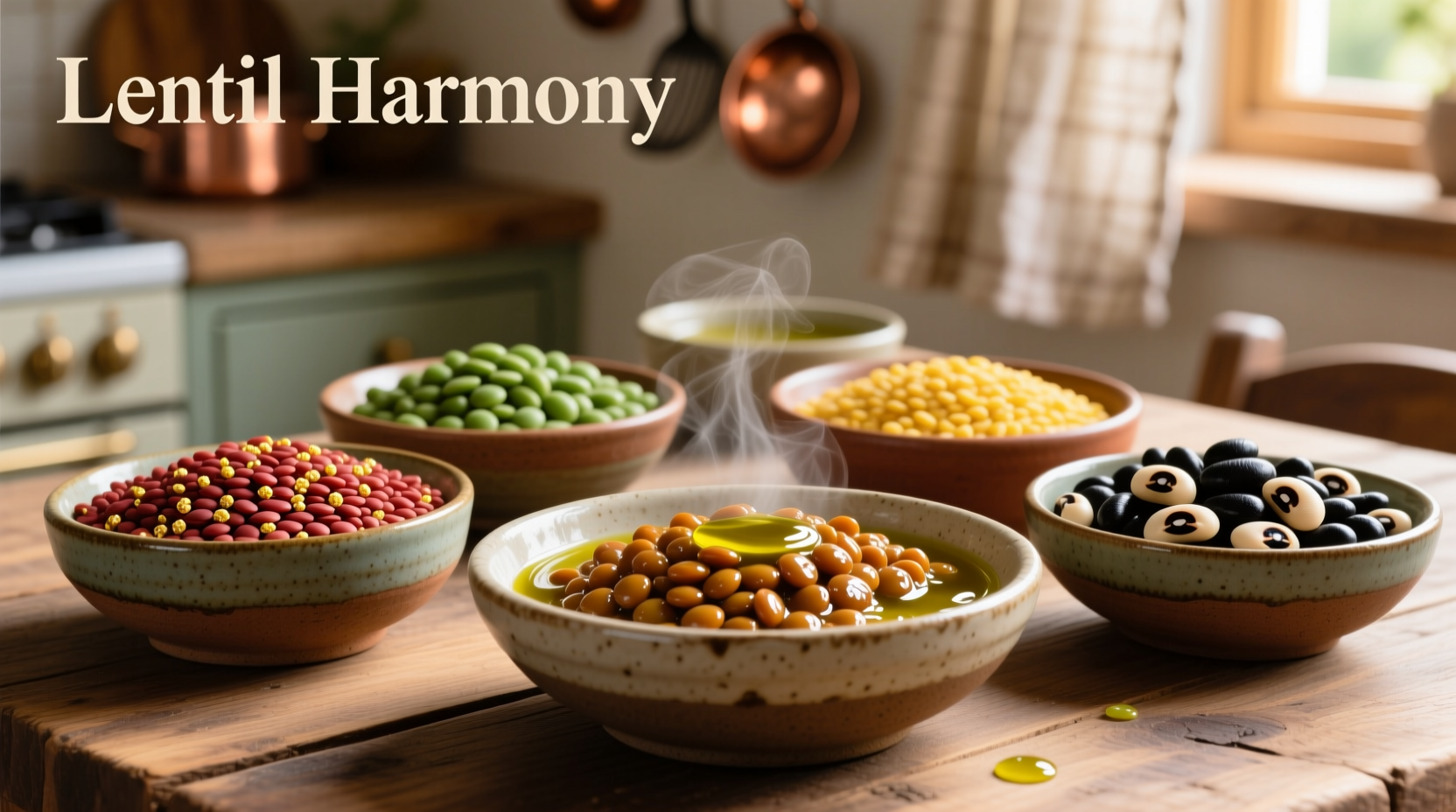 Colorful assortment of cooked lentils in bowls
