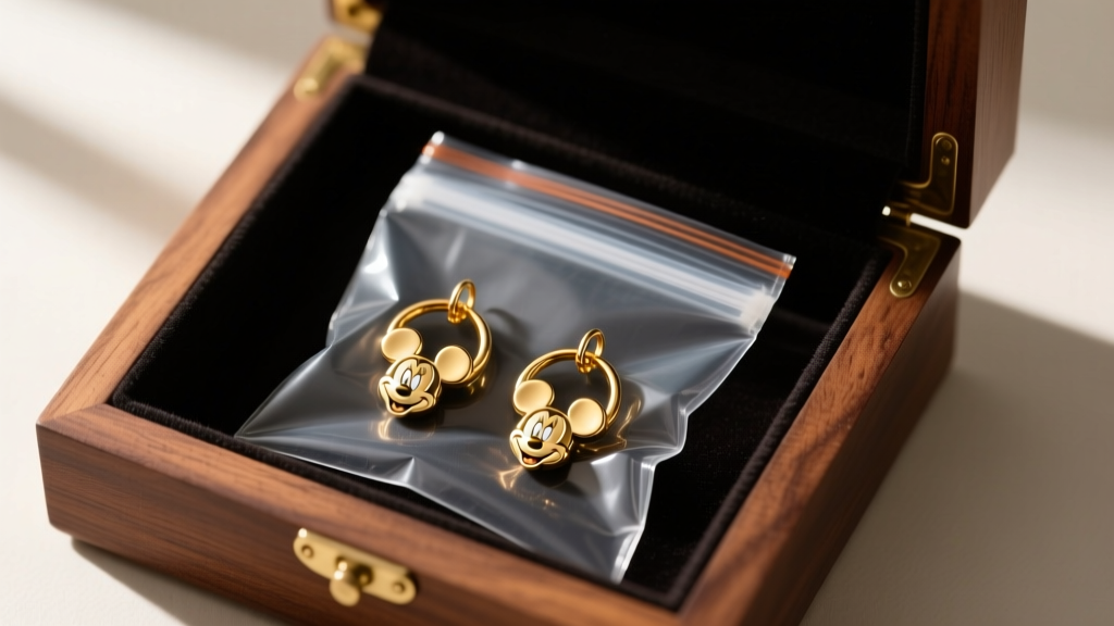 An open anti-tarnish ziplock bag containing Minnie Mouse gold hoop earrings, stored inside a dark lined wooden jewelry box.