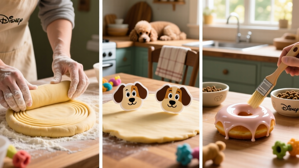 Step-by-step collage showing dough rolling, ear placement, and glazing process