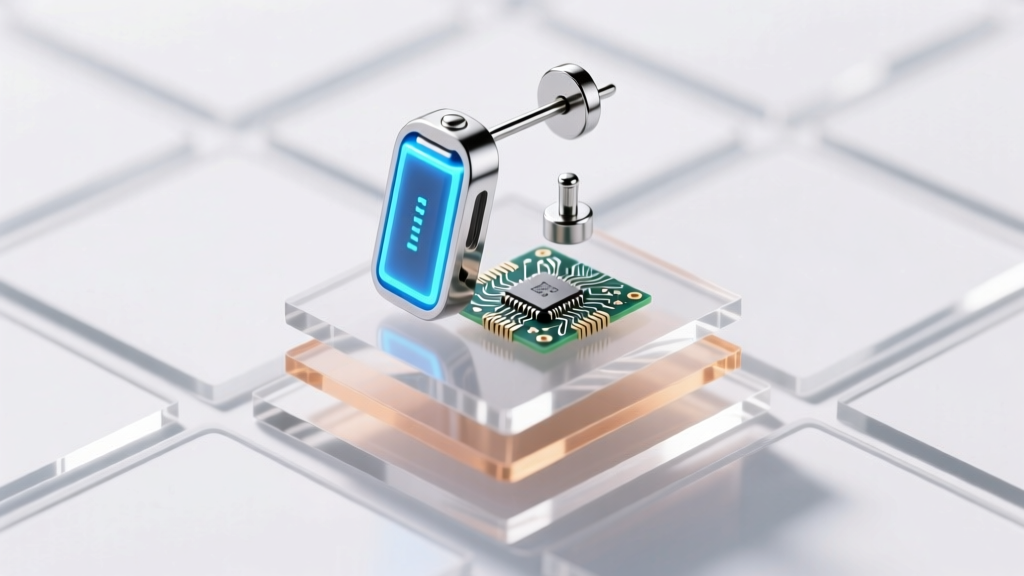 Exploded view of a smart earring revealing the micro-battery, internal temperature sensor, and titanium post separated by layers.