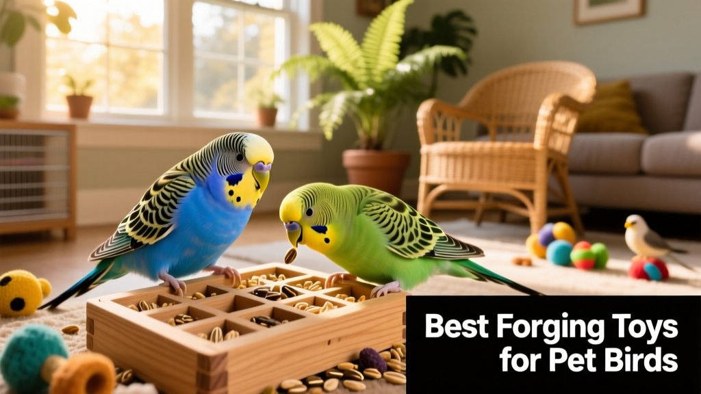 A pair of budgies exploring a foraging puzzle toy filled with hidden treats