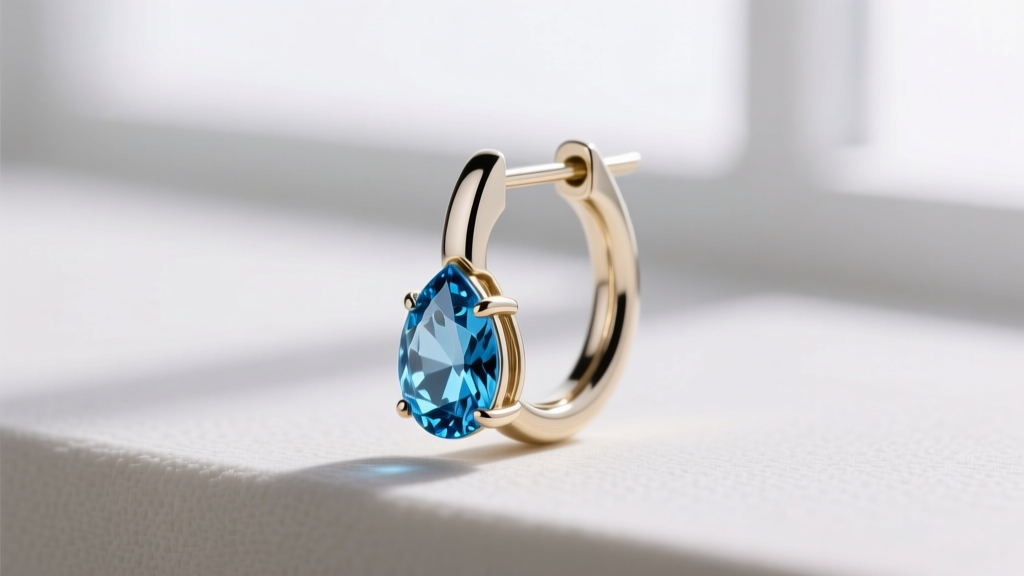 Side view of a 16-gauge white gold huggie hoop with a bezel-set blue topaz drop, showing the thick wire post and a secure hinge