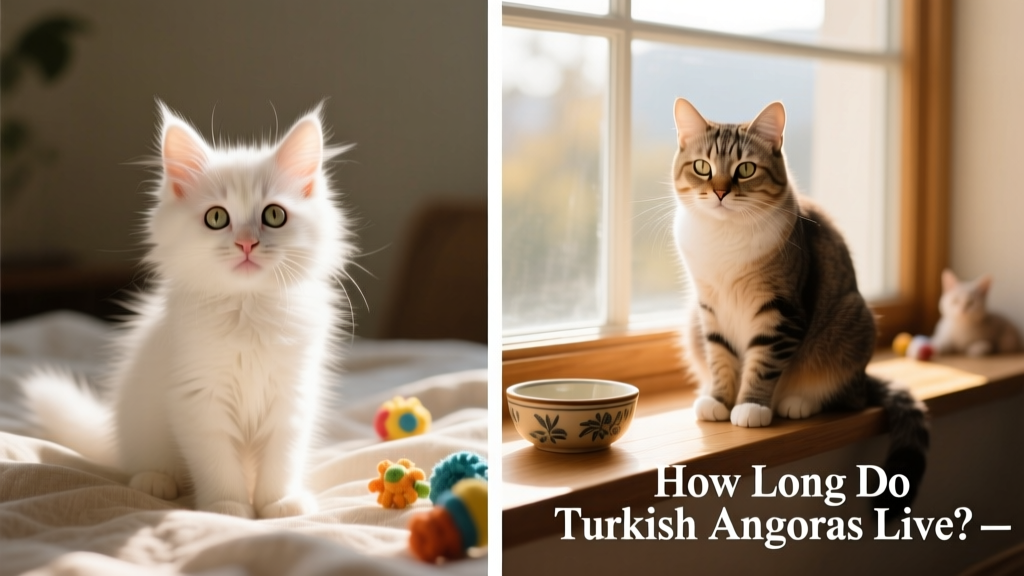 Side-by-side photos showing a young Turkish Angora kitten and a serene senior cat with slightly clouded eyes and softer fur texture