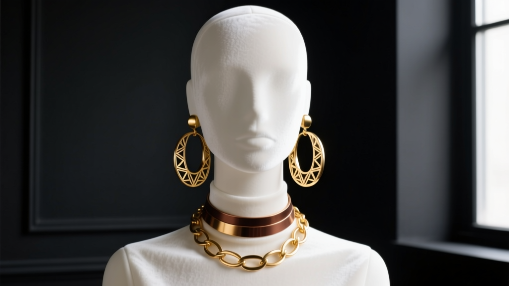 White velvet mannequin head displaying heavy brass statement hoop earrings and a layered choker necklace against a dark wall backdrop