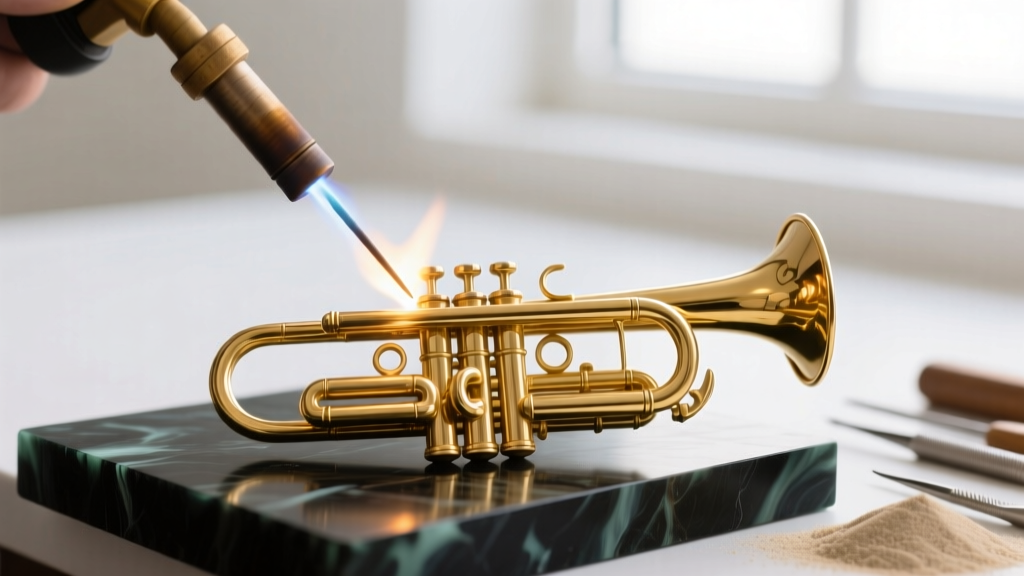 Macro shot of a micro-torch soldering an 18k gold Edwardian trombone clasp barrel on a jeweler