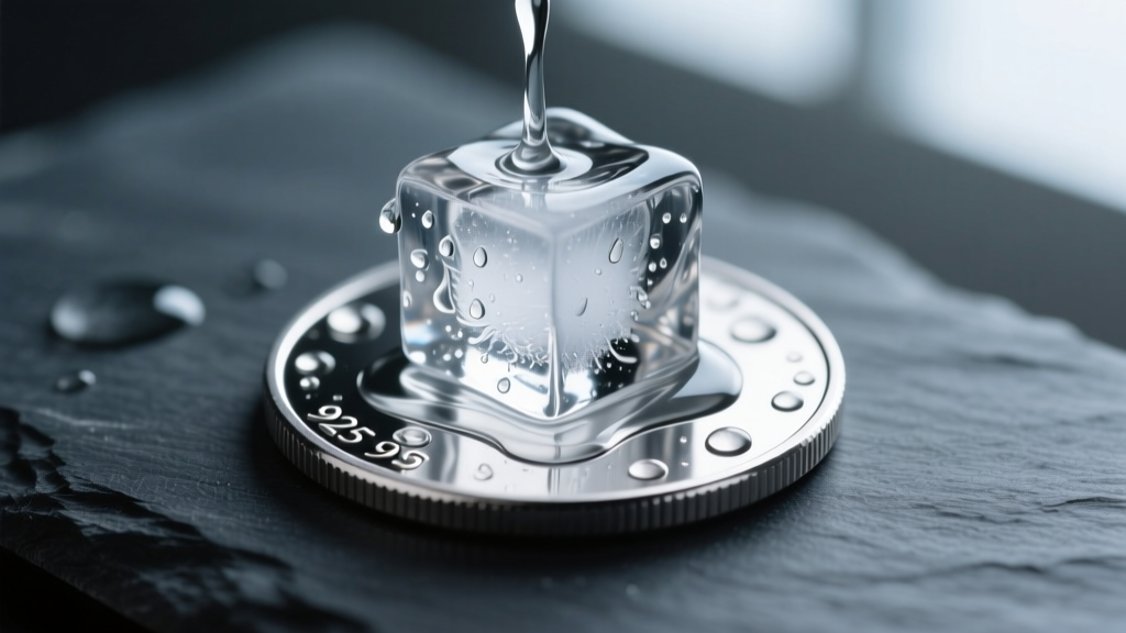 Ice cube rapidly melting on a polished 925 sterling silver coin, demonstrating high thermal conductivity on a dark slate surface