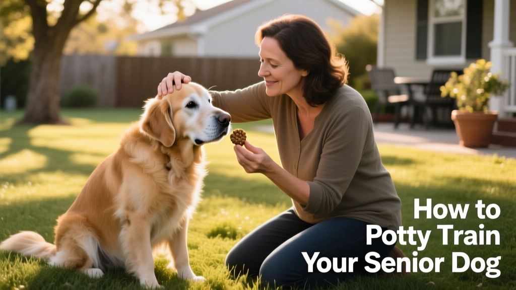 Owner kneeling beside senior dog on grass, gently praising them with one hand while holding a treat in the other