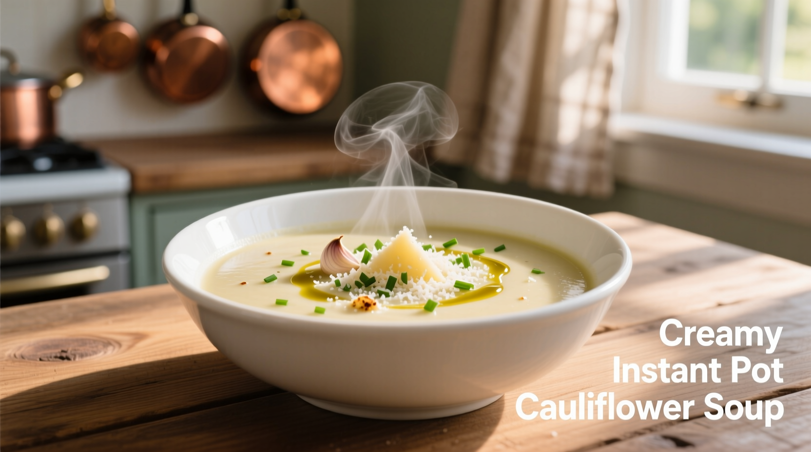 Creamy instant pot cauliflower soup in white bowl