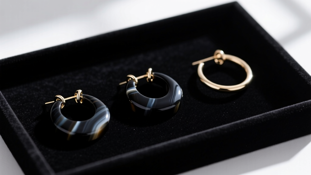 Flat lay of onyx hoop earring closures including hinged, latch-back, and continuous wire on a dark velvet jewelers display tray