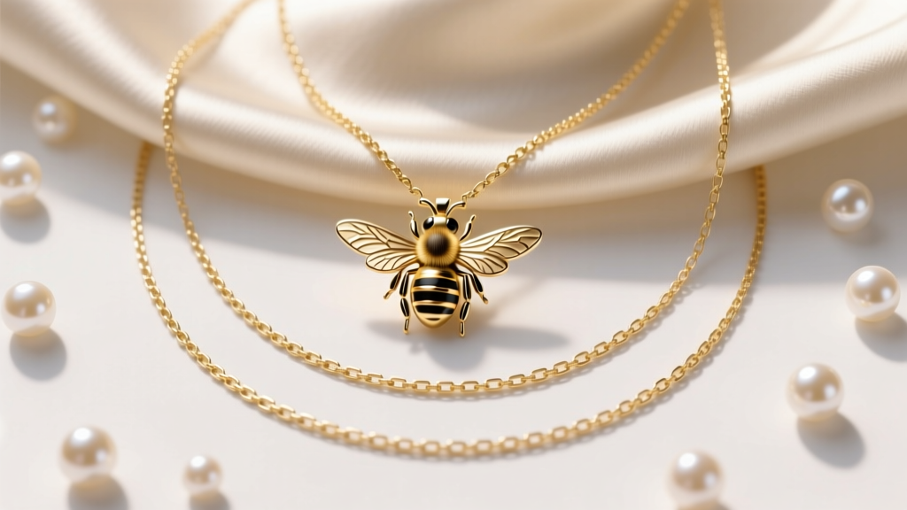 Overhead flat lay of layered gold necklaces featuring a bumblebee pendant at 18 inches, a plain box chain, and seed pearls