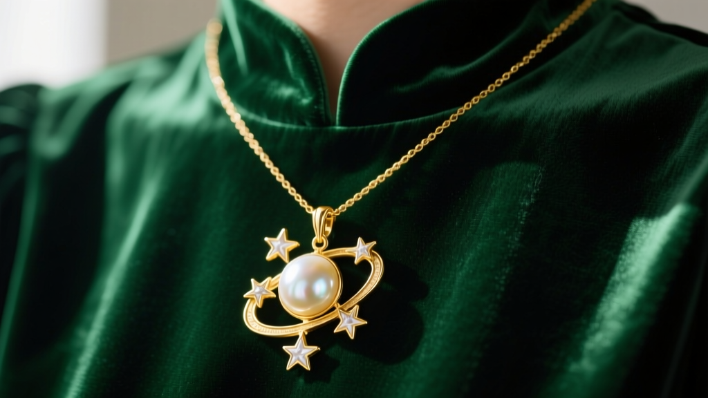 Close-up of a layered baroque pearl and gold vermeil celestial pendant necklace, worn over a dark emerald green velvet blouse.