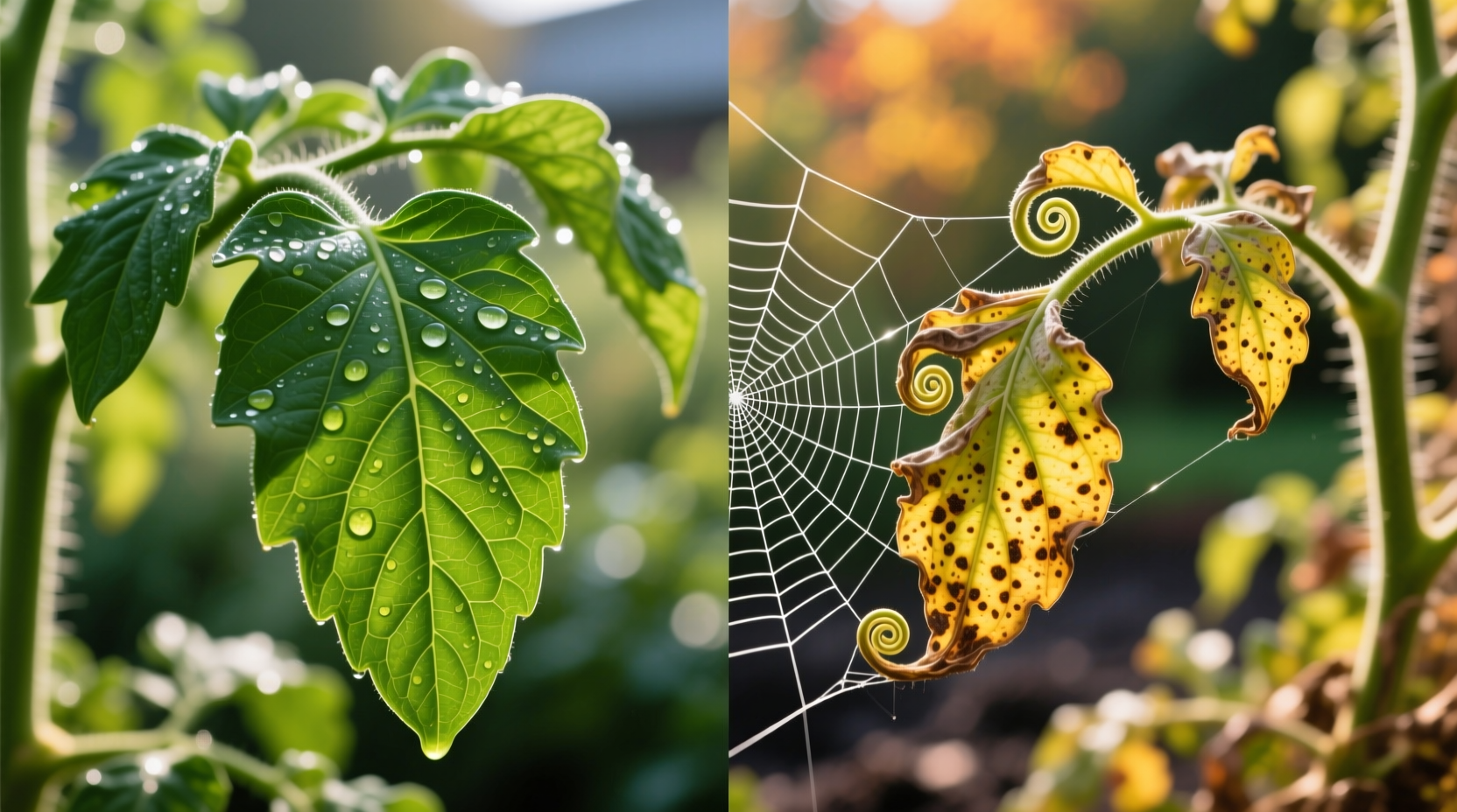 Close-up of healthy tomato plant leaves versus curling leaves