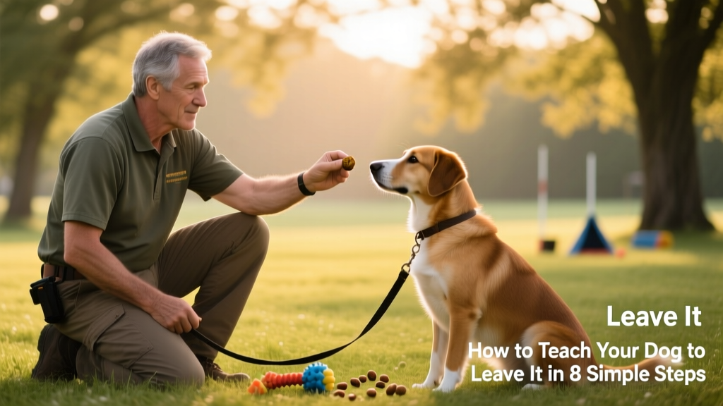 A trainer calmly holding a treat in one hand while offering another treat with the opposite hand, as their dog looks away from the temptation and toward them