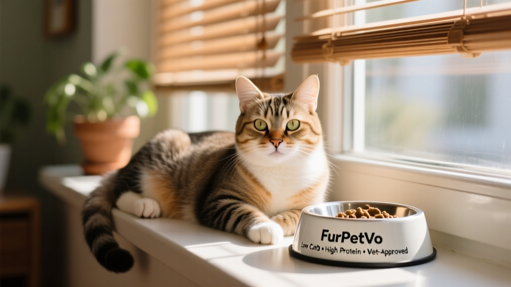 Happy indoor cat lounging on a sunlit windowsill, with a small FurPetVo bowl nearby and a tag reading 'Low Carb • High Protein • Vet-Approved'