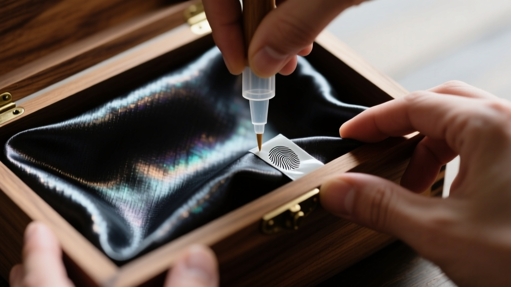 Hands applying adhesive to the interior base of a wooden box before pressing down a piece of dark Pacific Silvercloth fabric.