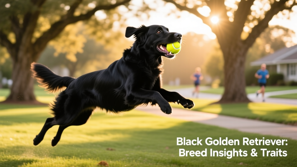 A Black Golden Retriever playing fetch in a sunlit park, mid-leap with a tennis ball in its mouth