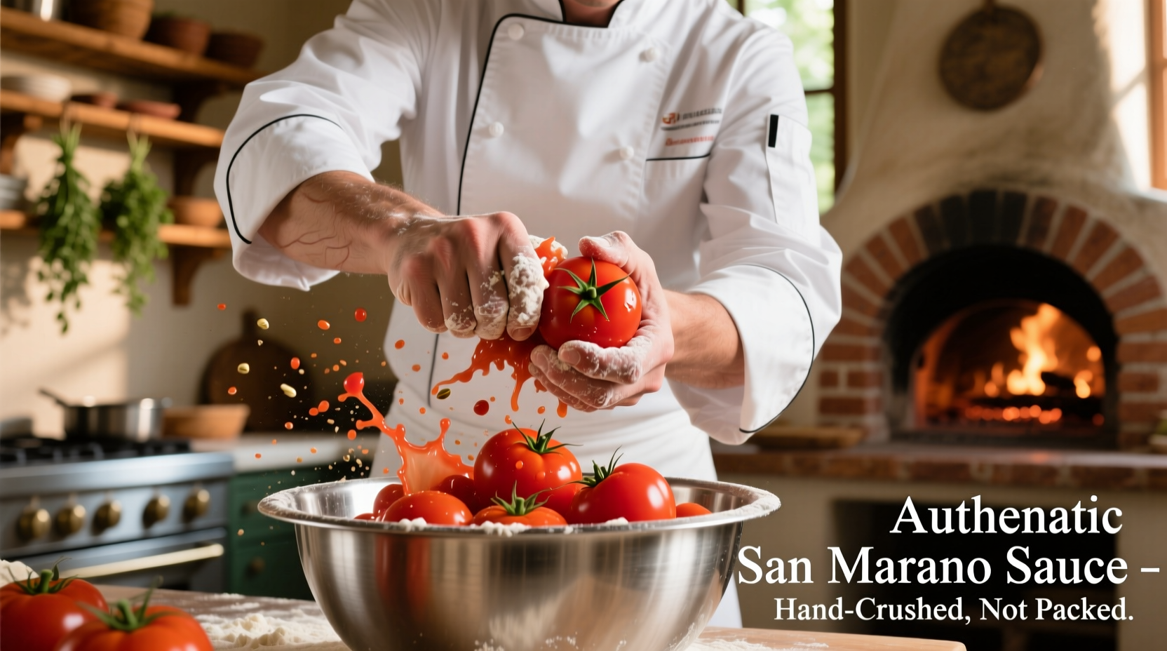Chef hand-crushing San Marzano tomatoes for pizza sauce