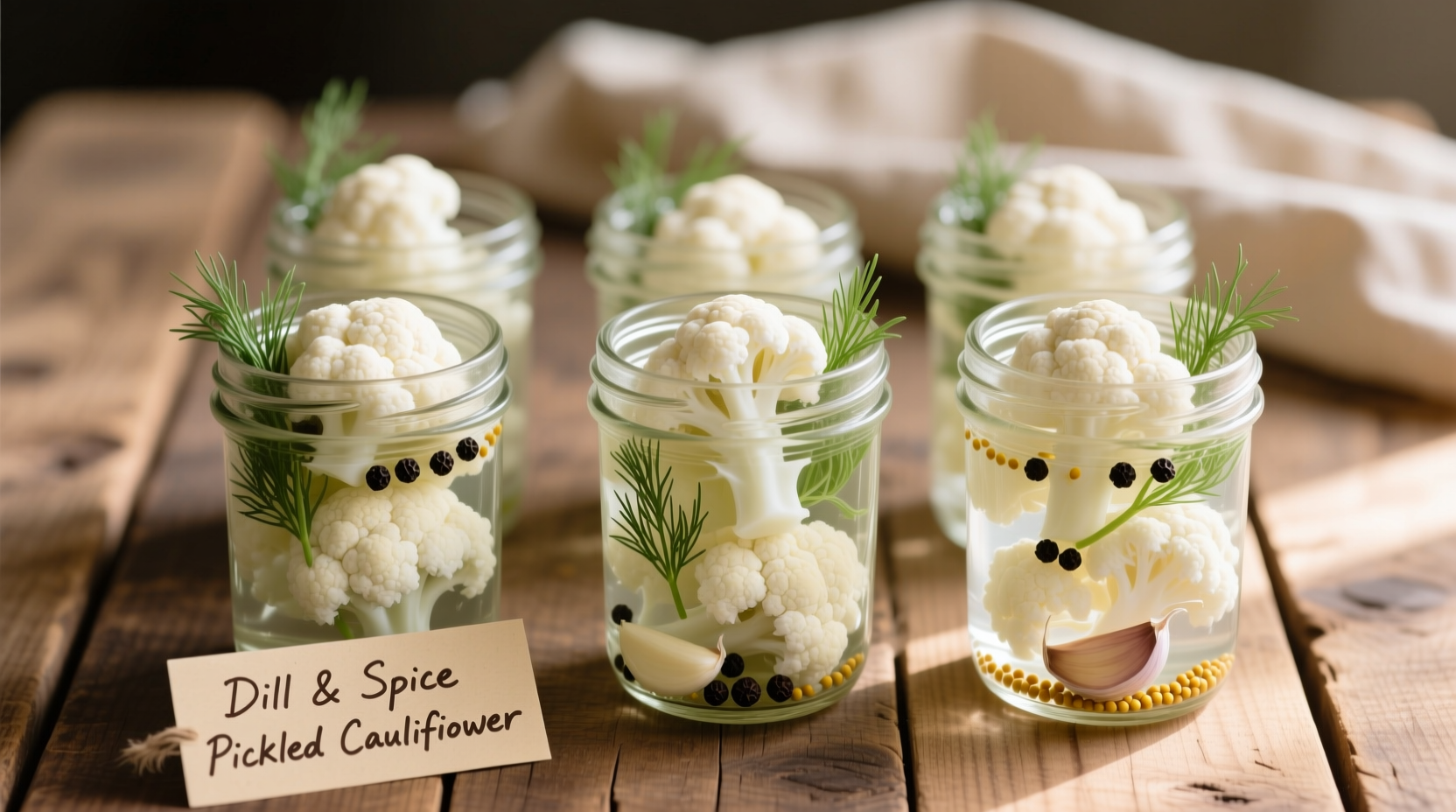 Fresh cauliflower florets in mason jars with dill and spices