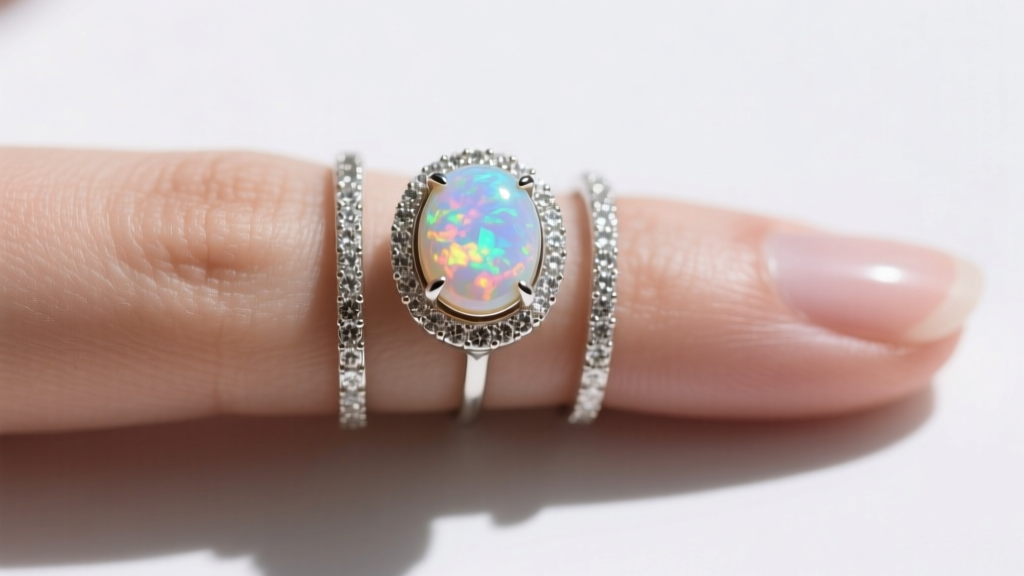 Stack on an index finger featuring a central Kay opal ring flanked by two thin diamond spacer bands to prevent surface scratches