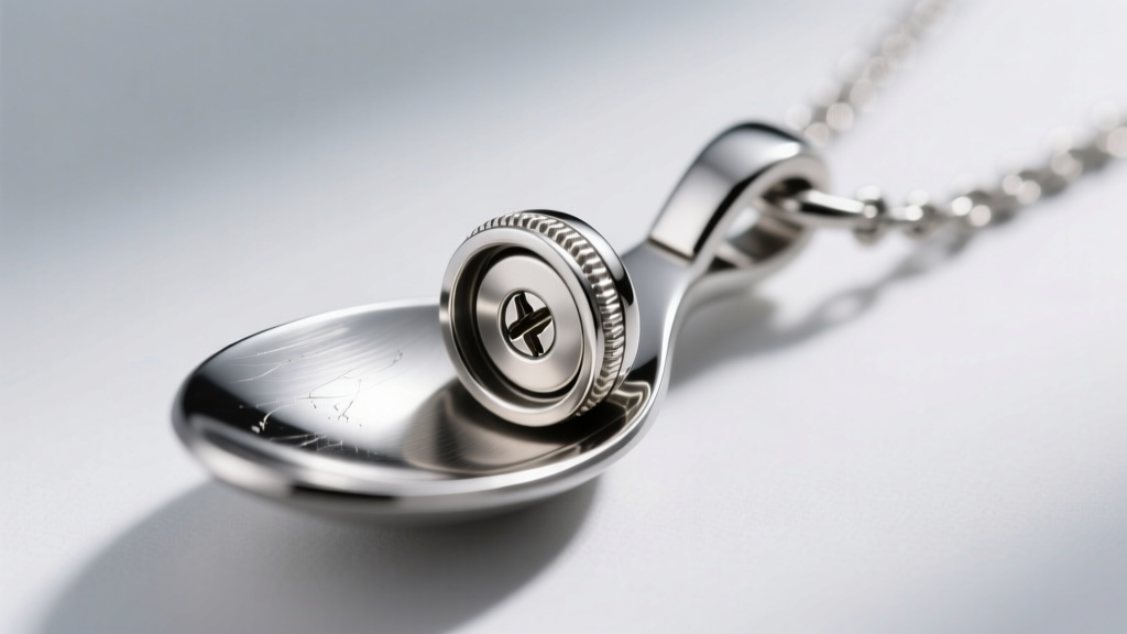 Macro shot of a 316L surgical steel spoon pendant with a hidden screw-top compartment, showing threading detail under bright light.
