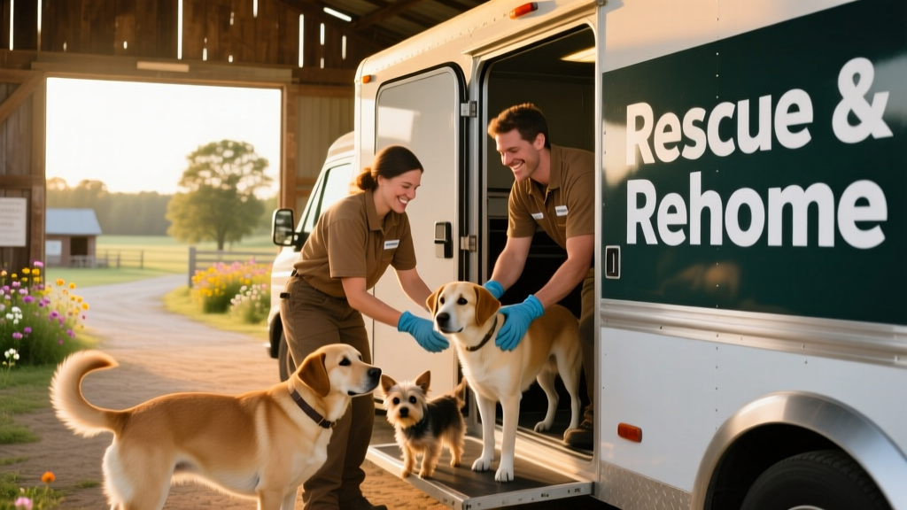 Volunteers gently loading calm, healthy dogs into climate-controlled transport vehicles for relocation to sanctuaries