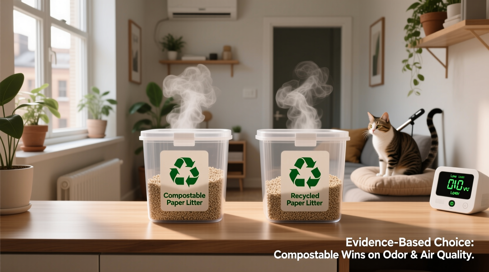 compostable vs recycled paper cat litter odor control in small apartments