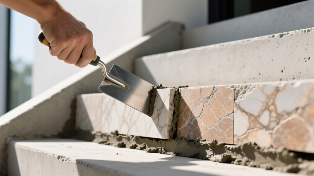 Close-up of thick limestone veneer panels being mortared onto a poured concrete exterior stair riser with a steel trowel
